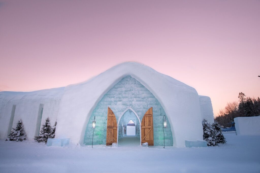ôtel de Glace - exterior of most unique hotels in Quebec city showing ice hotel main entrance